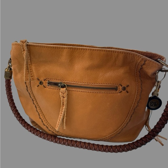 The Sak Handbags - The Sak Honey Tan Leather Crossbody Bag – Braided Strap, Boho Whipstitch Detail